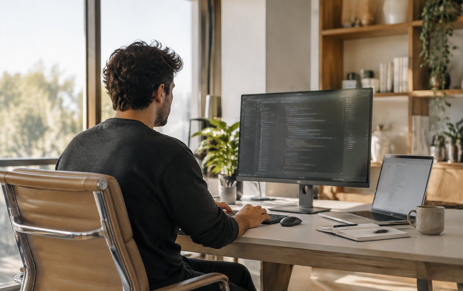 Desarrollador revisando código de una web en un monitor en una oficina luminosa