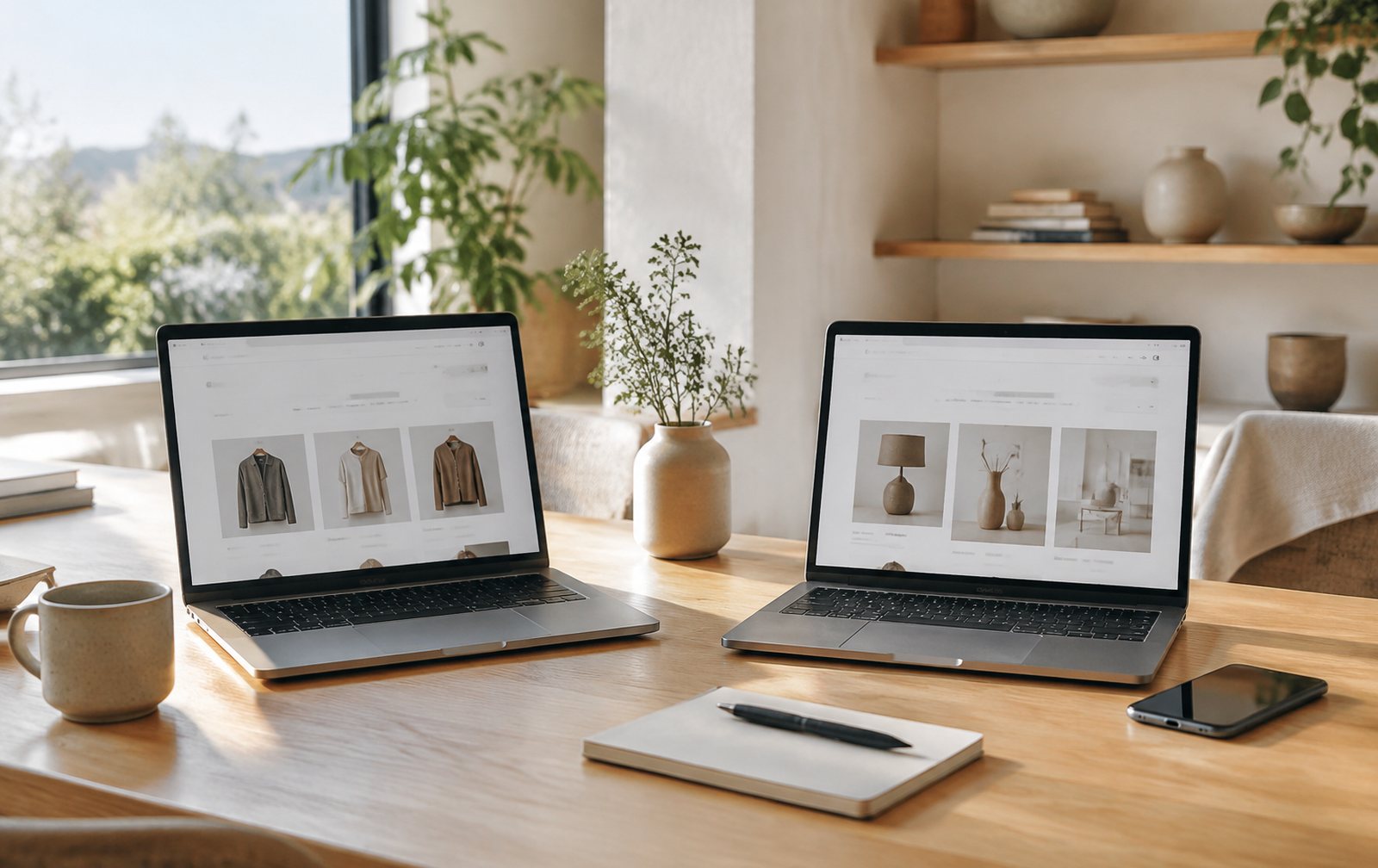 Dos portátiles con tiendas online diferentes sobre una mesa luminosa
