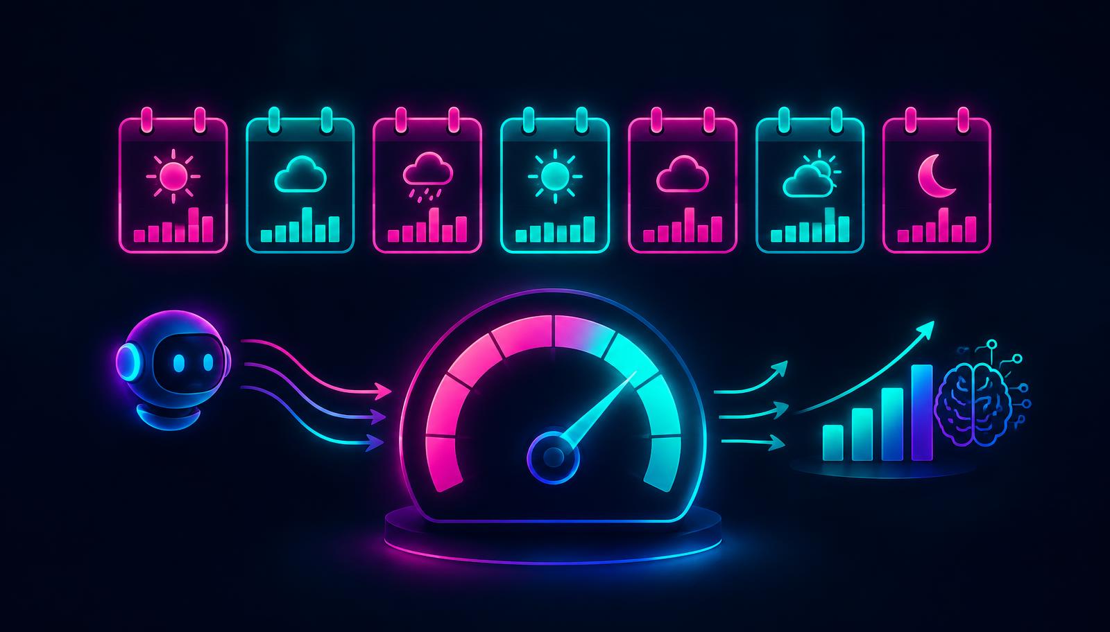Siete días de calendario junto a un indicador de puja automática aprendiendo