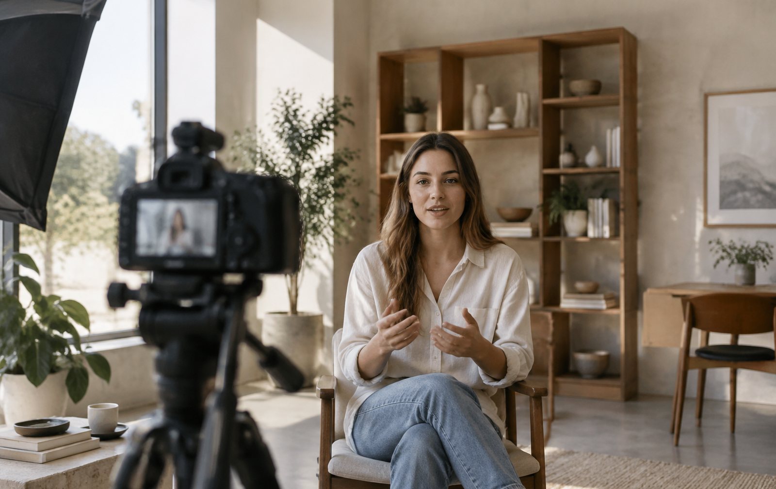 Grabación de vídeo con una cámara y luz natural en un estudio luminoso