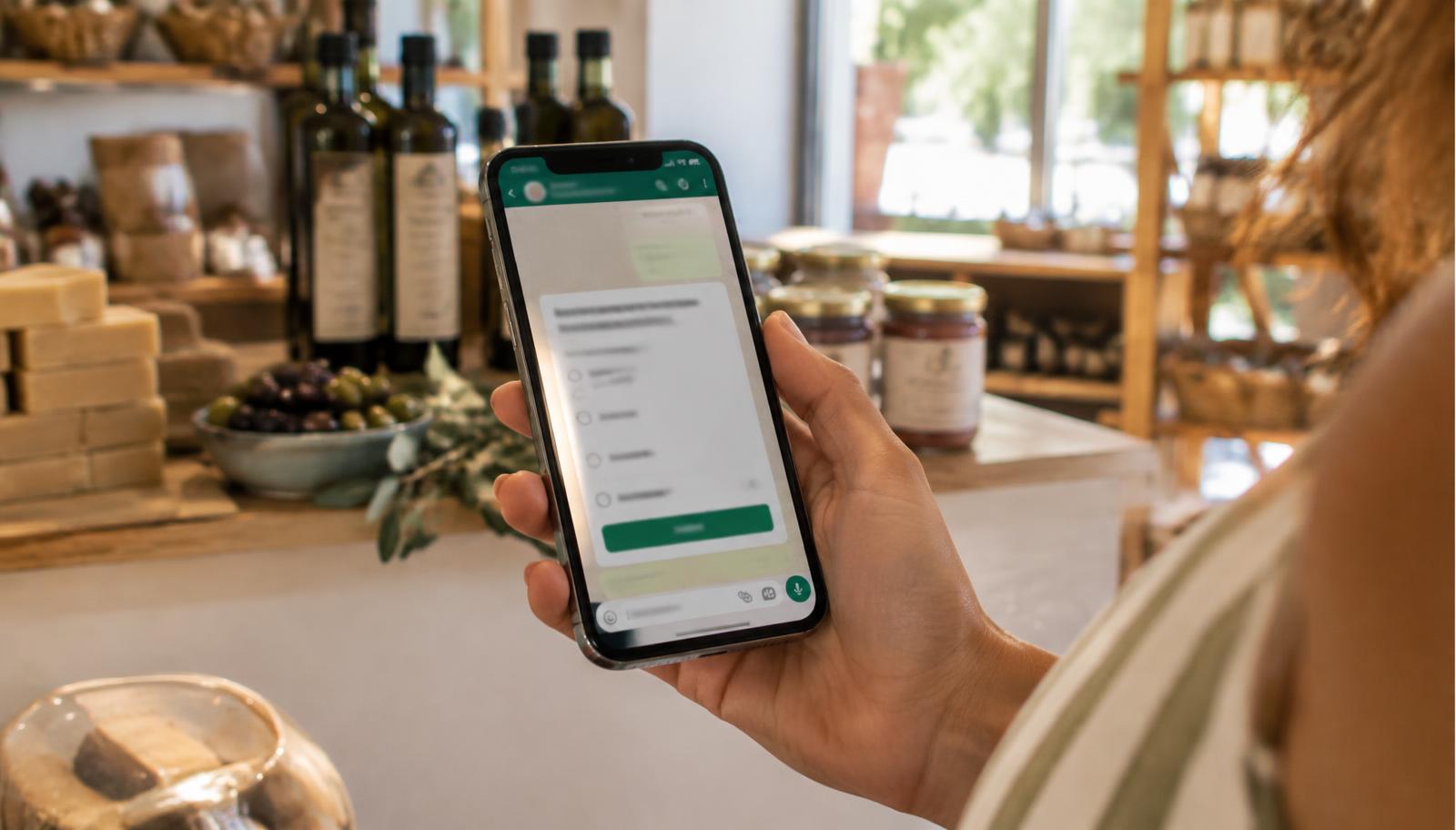 Mano sosteniendo un móvil con un formulario de opciones dentro de un chat de WhatsApp en una tienda mediterránea